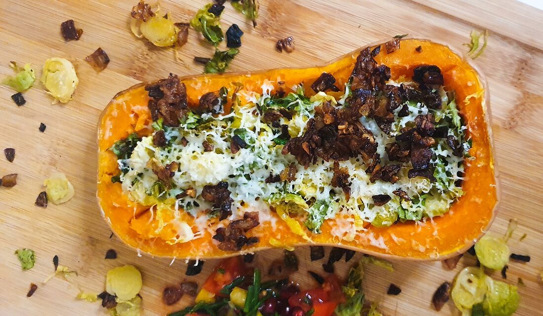 roasted butternut squash with brussels sprouts, crispy shallots and goats cheese